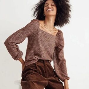 Madewell Chocolate Brown Textured Knit Square Neck Puff Sleeve Top S Cottagecore